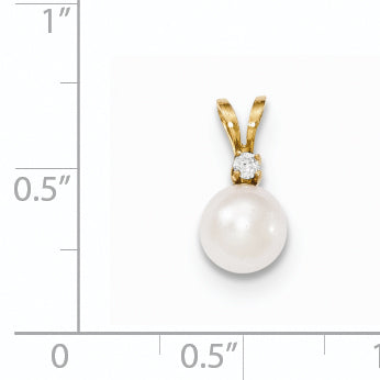 14k 7 8mm Round White Saltwater Akoya Cultured Pearl Diamond Pendant