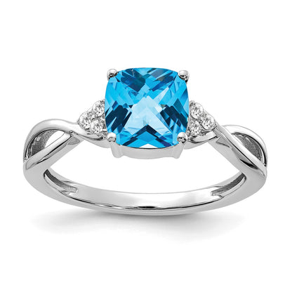 14K White Gold 7mm Cushion Checkerboard December/Blue Topaz and Diamond Ring