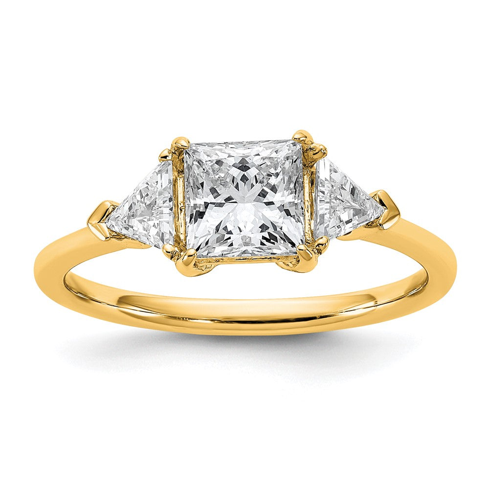 14K Yellow Gold 1/2 carat Lab Grown Diamond VS+ F+ Trillion and 1 carat Princess Center Semi Mount Three Stone Engagement Ring