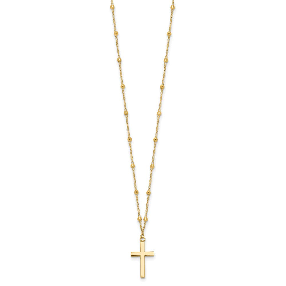 14K Yellow Gold Mirror Beaded Chain with Polished Cross Pendant 16.25 Inch Necklace Plus 2 Inch Extender