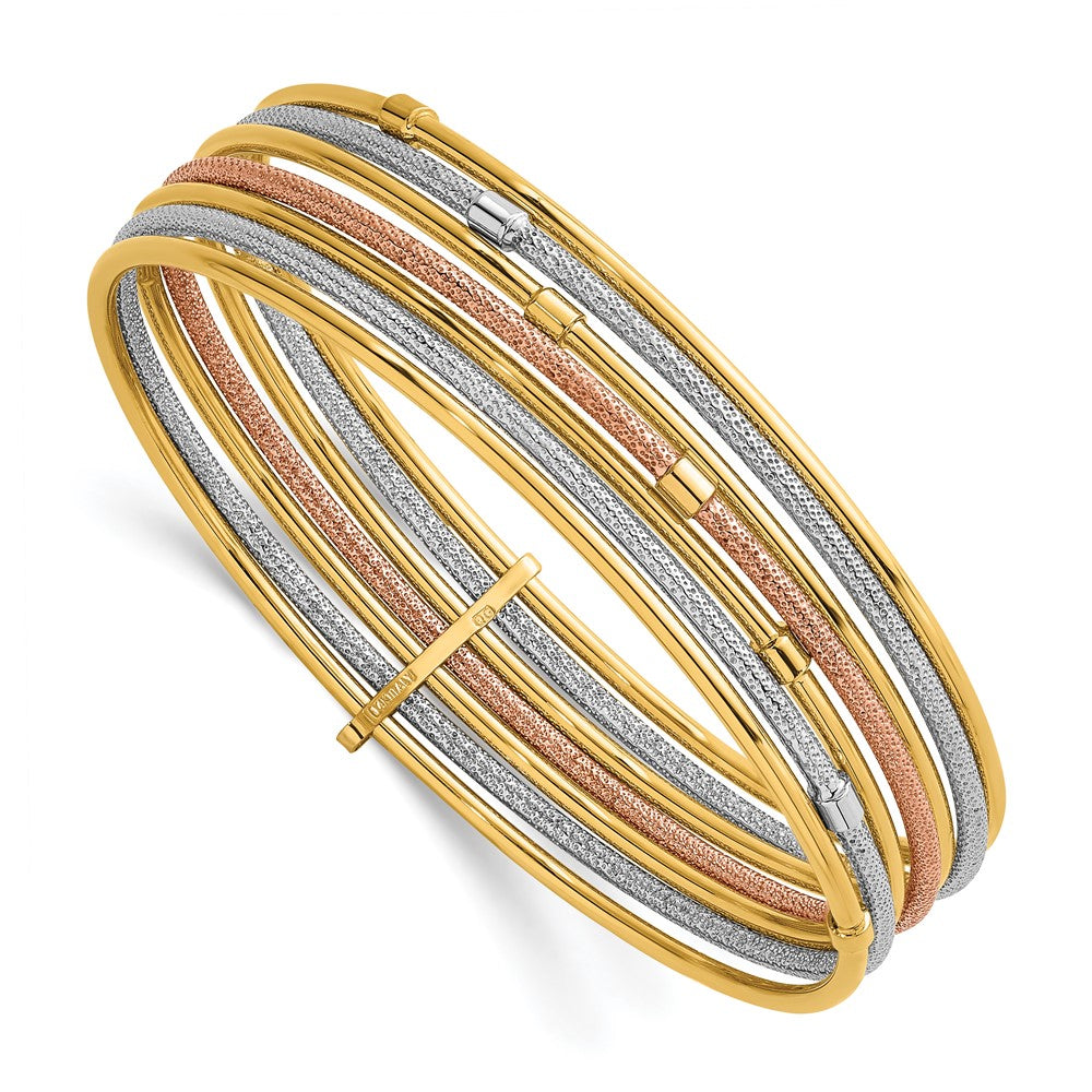 14K Tri-Color Gold with and Rhodium Polished and Textured Beaded 7-Strand Slip-On Round Bangle Bracelet