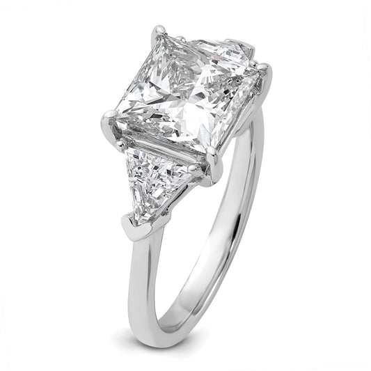 14K White Gold 1 1/8 carat Lab Grown Diamond VS/SI+ G+ Trillion and 3 carat Princess Center Semi Mount Three Stone Engagement Ring