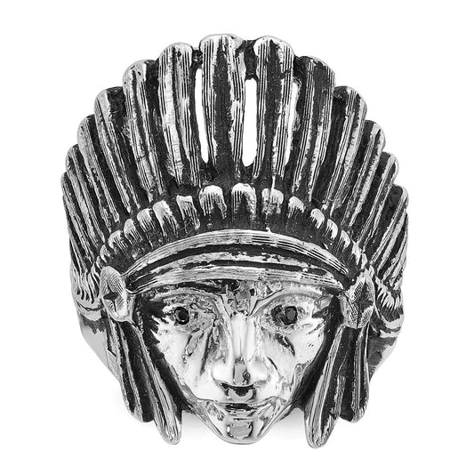 14K White Gold IBGoodman Men's Antiqued Black Diamond Native Headdress Complete Ring