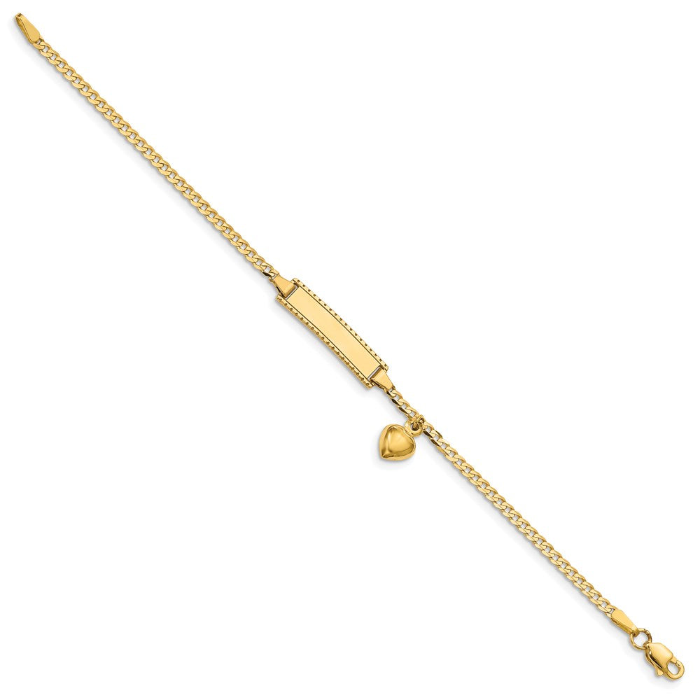 14K Yellow Gold Polished Solid Chain/Solid Plate Heart Dangle Curb Link 21x5mm Plate 5.5 Inch Baby/Child ID Bracelet