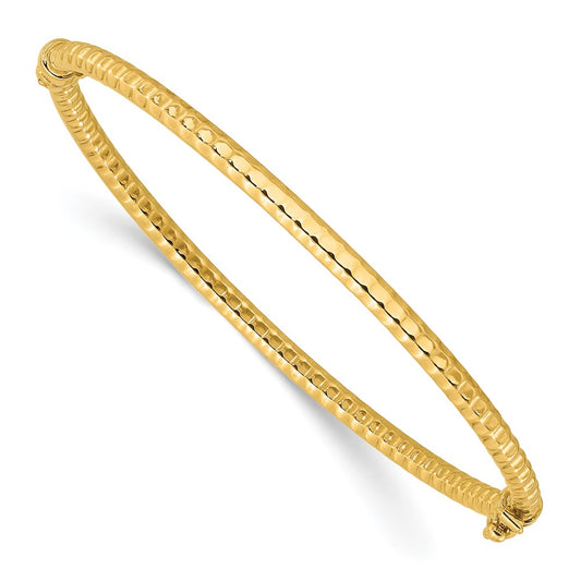 14K Yellow Gold Polished and Textured 3.00mm Hinged Oval Bangle Bracelet