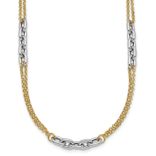 14K Two-Tone Gold Polished 4.8mm Fancy Oval Link and Double Strand Chain 17 Inch Necklace Plus 2 Inch Extender
