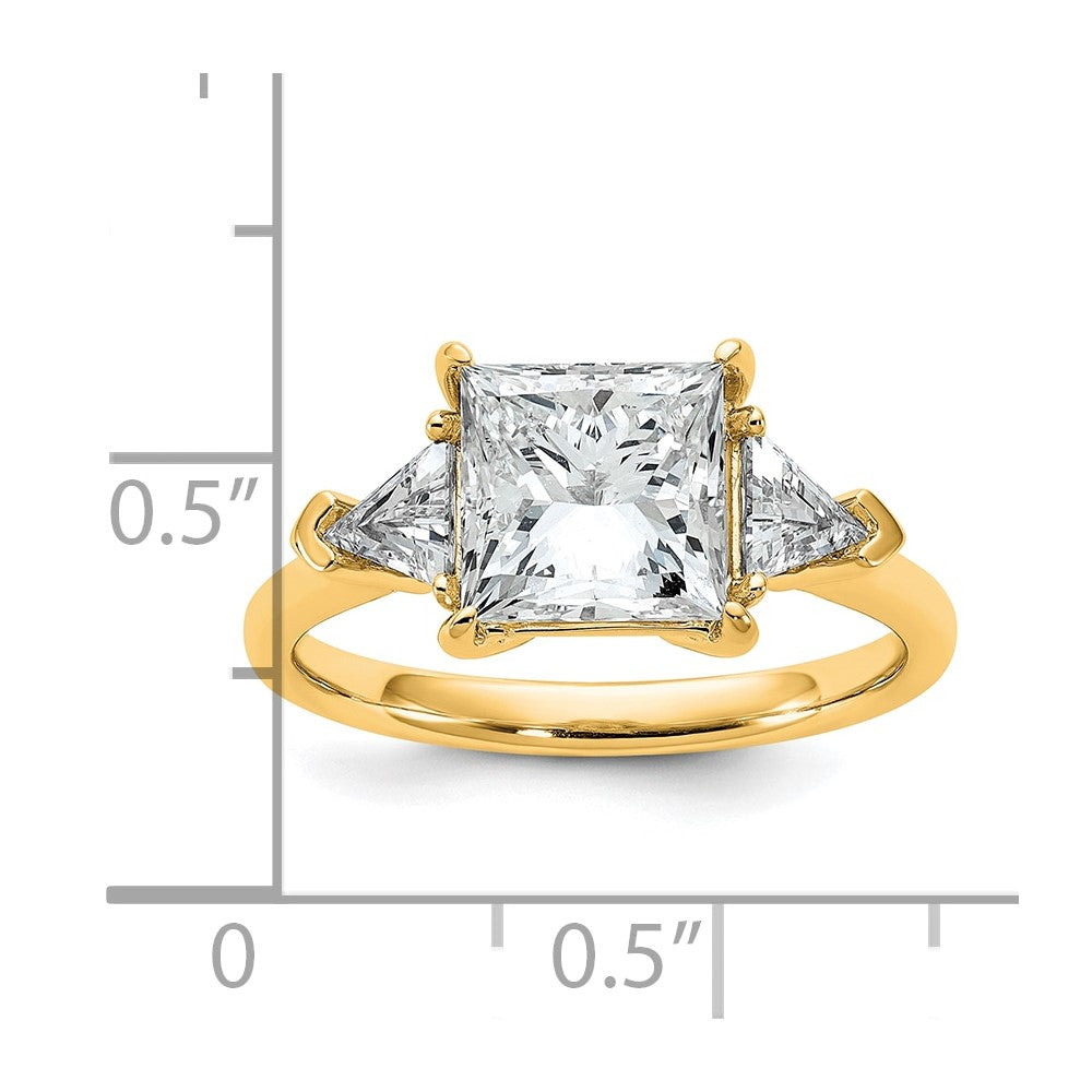 14K Yellow Gold 5/8 carat Lab Grown Diamond VS+ F+ Trillion and 2 1/2 carat Princess Center Semi Mount Three Stone Engagement Ring