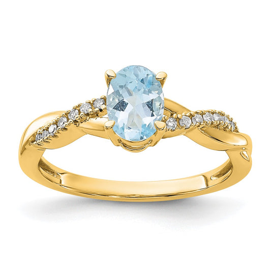 14K Yellow Gold 7x5 Oval March/Aquamarine and Diamond Size 7 Ring