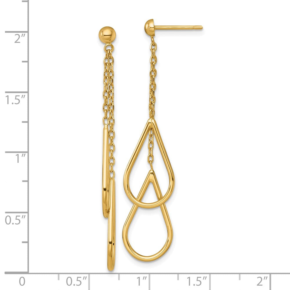 14K Yellow Gold Polished Two Teardrops and Chain Dangle Post Earrings