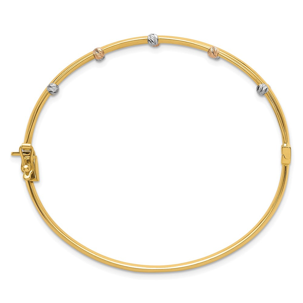 14K Tri-Color Gold Tri-color Polished 3-Row Diamond-cut Beaded Hinged Oval Bangle Bracelet