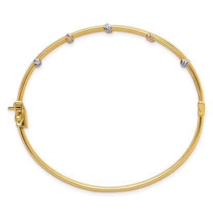 14K Tri-Color Gold Tri-color Polished 3-Row Diamond-cut Beaded Hinged Oval Bangle Bracelet