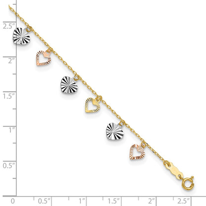14K Tri-Color Gold Tri-Color Dangle Hearts 9 Inch Plus 1 Inch Extender - Total 10 Inch Anklet