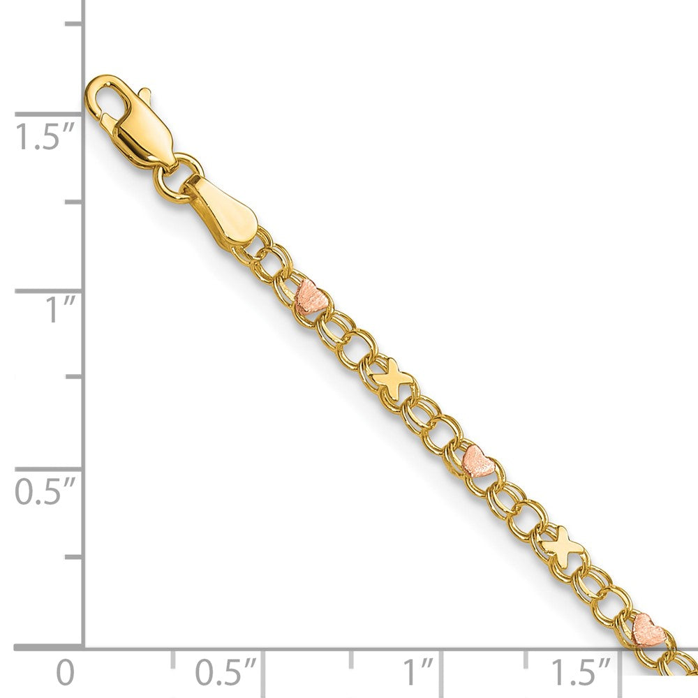 14K Two-Tone Gold Polished and Satin -plated X-and-Heart 10 Inch Anklet