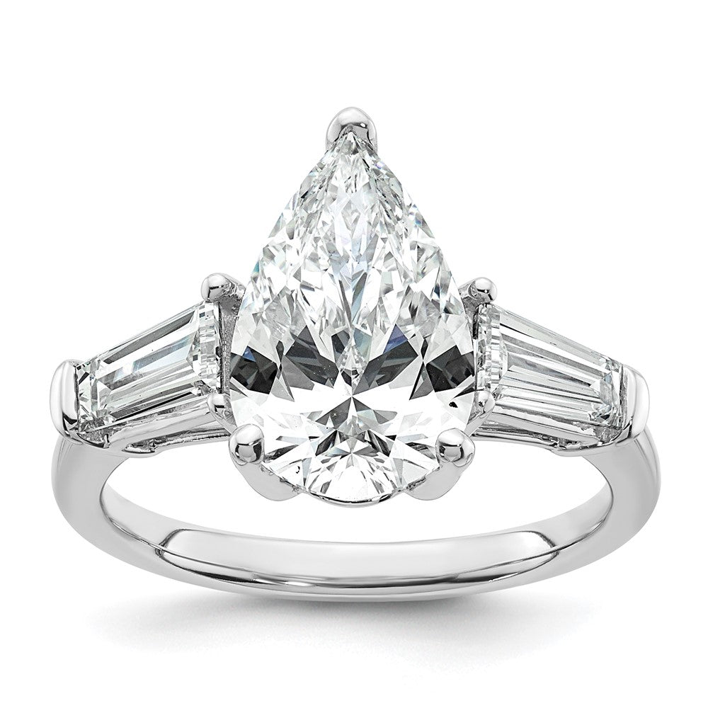 14K White Gold 6 3/4 carat Certified Lab Grown Diamond VS+ G+ Pear and Tapered Baguette Complete Three Stone Engagement Ring