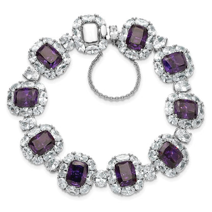 Cheryl M Sterling Silver Rhodium-plated Polished Fancy Purple and White CZ Halo Cluster with Safety Chain 7 Inch Bracelet