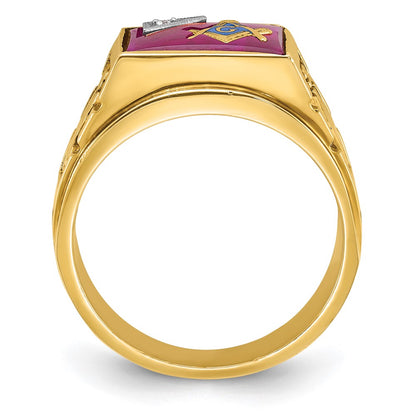 IBGoodman 14K Two-tone Men's Polished and Textured with Lab Created Ruby and Diamond Blue Lodge Master Masonic Ring
