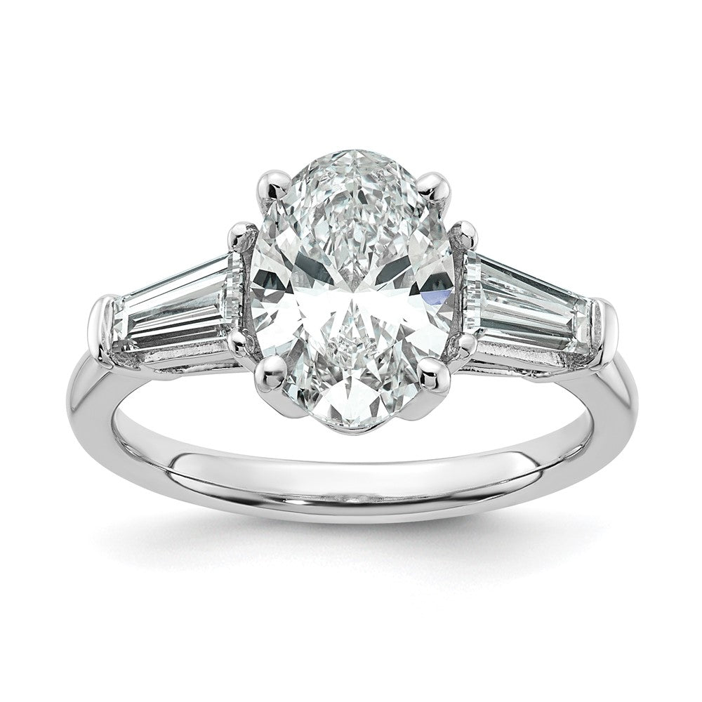 14K White Gold 2 3/4 carat Certified Lab Grown Diamond VS+ F+ Oval and Tapered Baguette Complete Three Stone Engagement Ring