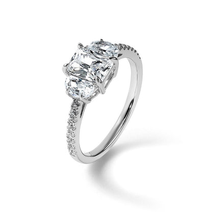 14K White Gold 1 5/8 carat Certified Lab Grown Diamond VS/SI+ G+ Radiant with Half Moon Complete Three Stone Engagement Ring