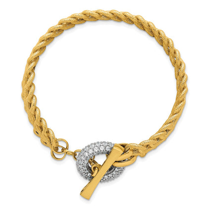 14K Yellow Gold with Rhodium 12.25mm Textured Fancy Chain with CZ Toggle 7.5 Inch Bracelet