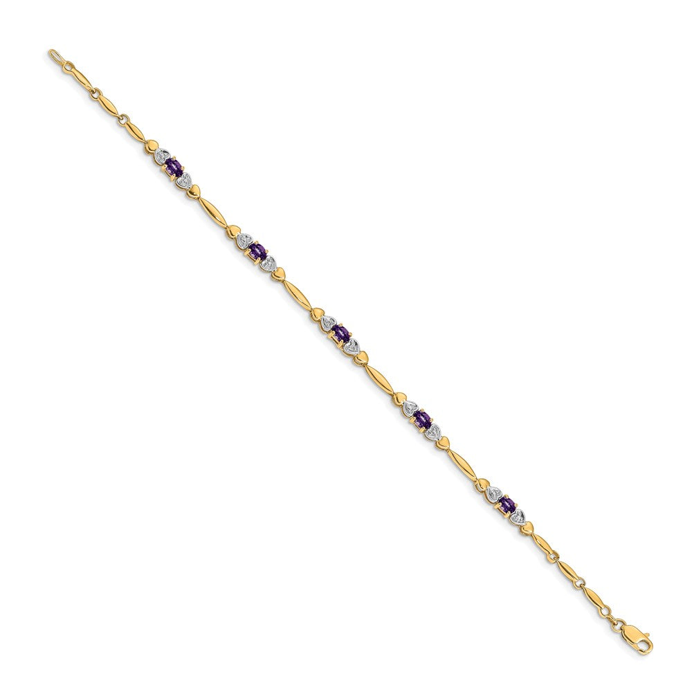 14K Yellow Gold Complete Diamond and Oval Amethyst Heart Design 7 Inch Bracelet