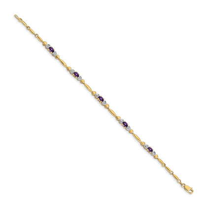 14K Yellow Gold Complete Diamond and Oval Amethyst Heart Design 7 Inch Bracelet