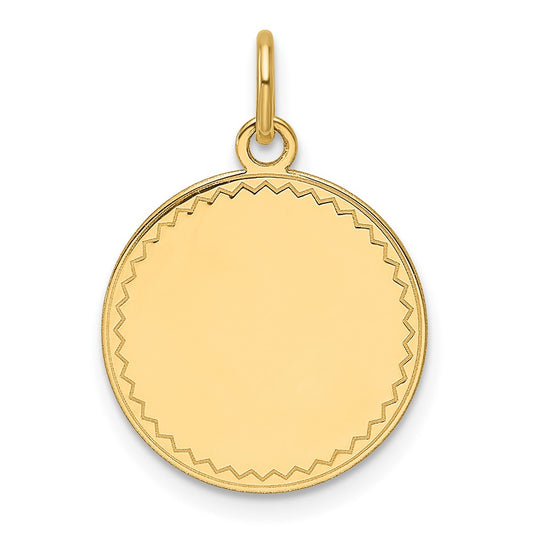 14K Yellow Gold Plain with Zig-Zag Edge .027 Gauge Engravable Round 16mm Disc Charm
