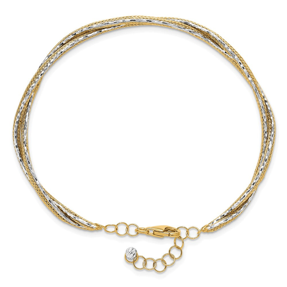 14K Two-Tone Gold Two-tone Diamond-cut and Textured Braided 6.70mm with Safety Chain Flexible Oval Bangle Bracelet