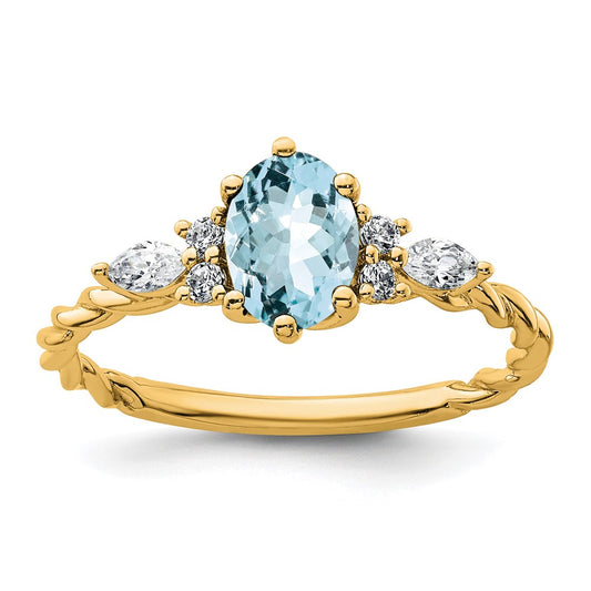 14K Yellow Gold Diamond and 7x5 Oval March/Aquamarine Size 7 Twisted Ring