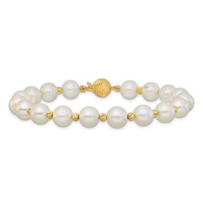 14K Yellow Gold 8-9mm Near-Round Freshwater Cultured Pearl and Diamond-cut Beaded 7.5 Inch Bracelet
