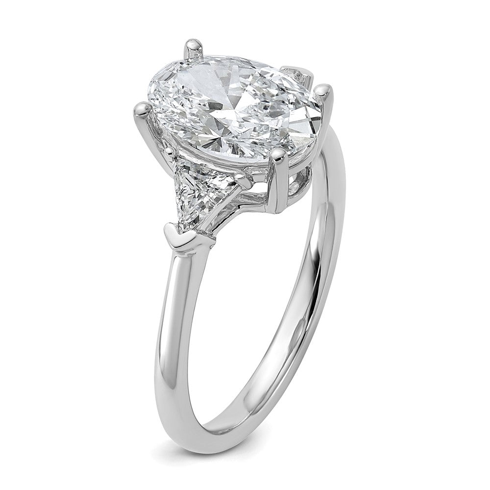 14K White Gold 1/2 carat Lab Grown Diamond VS+ F+ Trillion and 2 carat Oval Center Semi Mount Three Stone Engagement Ring
