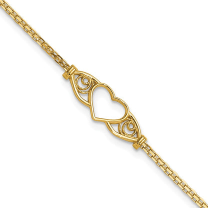 14K Yellow Gold Polished Open Heart with Filigree and Bismark Chain 9 Inch Anklet