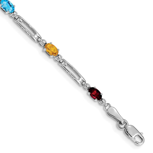 14K White Gold Complete Diamond and Oval Garnet/Swiss Blue Topaz/Peridot/Amethyst/Citrine 7 Inch Rainbow Bracelet