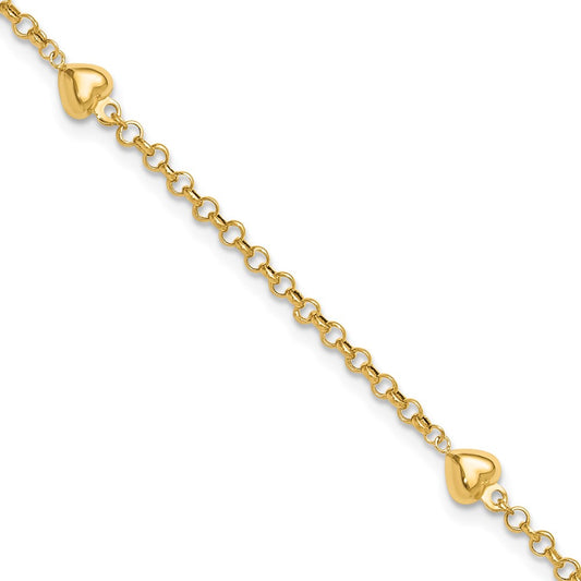 14K Yellow Gold Polished Puffed Heart 3-Station 10 Inch Anklet