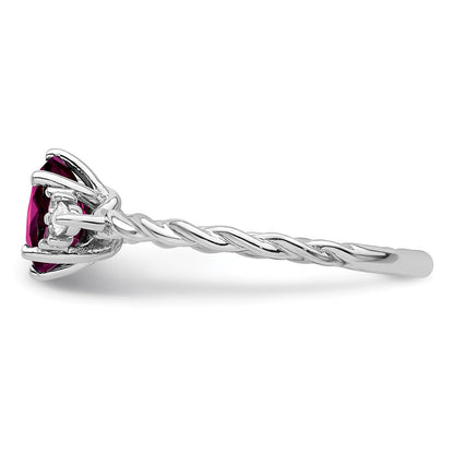 14K White Gold Diamond and 7x5 Oval June/Rhodolite Garnet Size 7 Twisted Ring