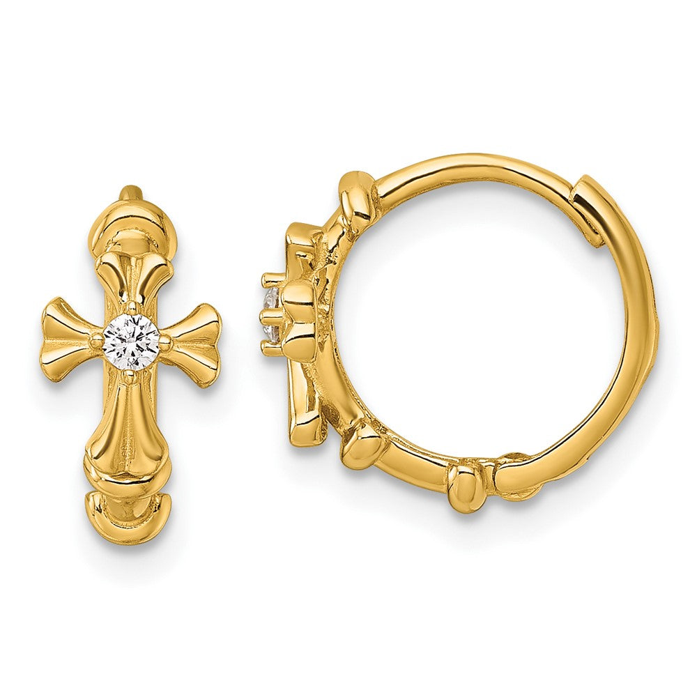 14K Yellow Gold Polished CZ Cross Round Hinged Hoop Earrings