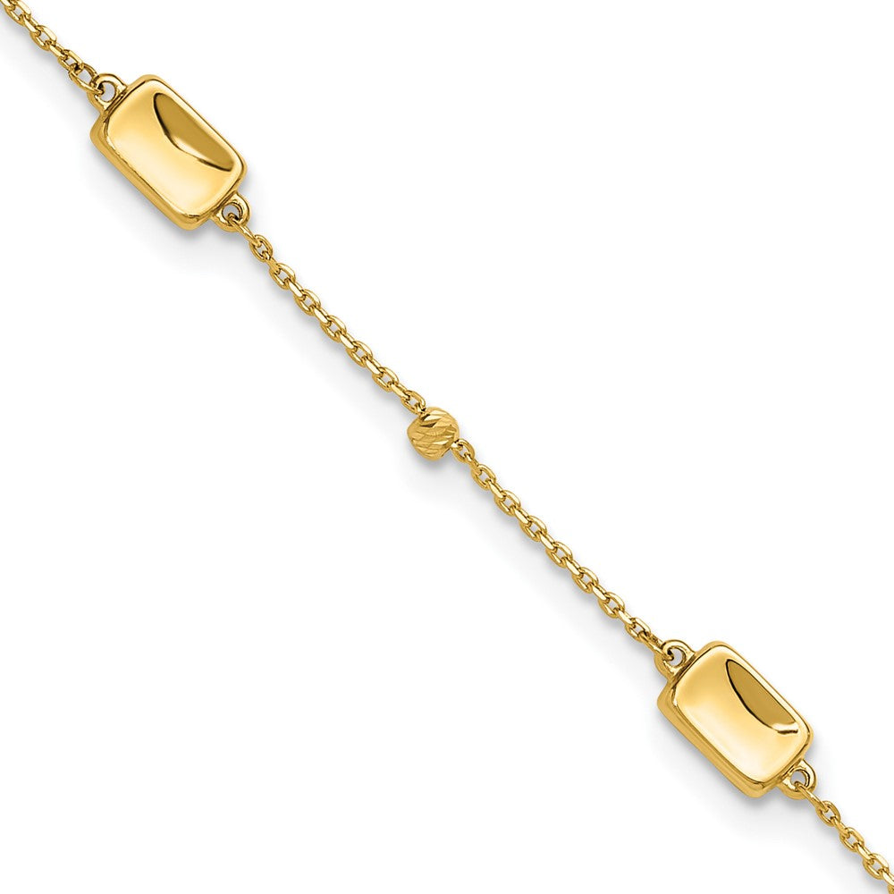 14K Yellow Gold Rectangle and Diamond-cut Bead 9 Inch Plus 1 Inch Extender - Total 10 Inch Anklet