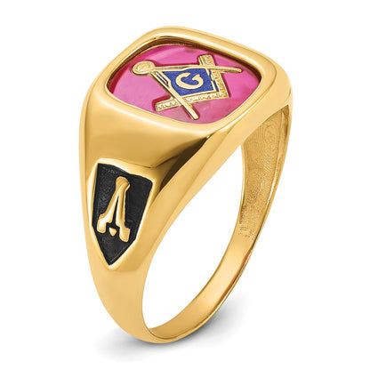 14K Yellow Gold Men's Polished and Textured with Black Enamel and Lab Created Ruby Masonic Ring