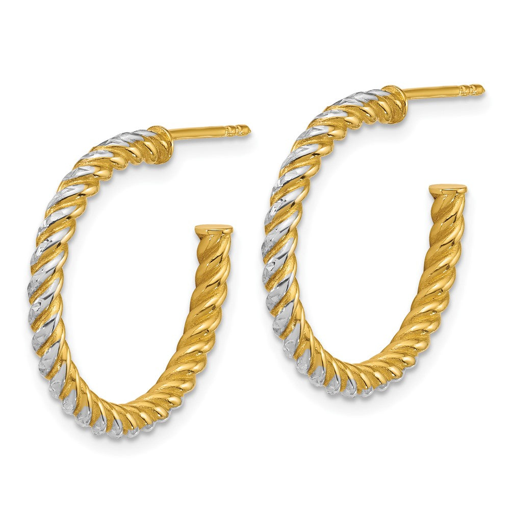 14K Yellow Gold with Rhodium Polished Diamond-cut Twisted 2.75mm Tube C-Hoop Post Earrings