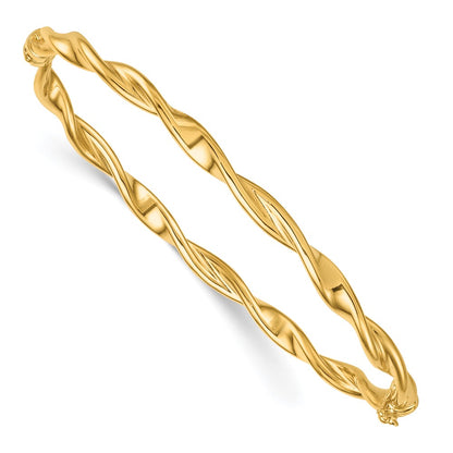 14K Yellow Gold Polished and Twisted 3.80mm Hinged Oval Bangle Bracelet