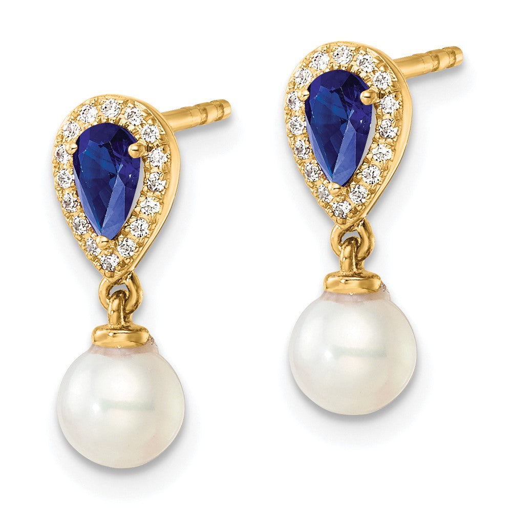 14K Yellow Gold Round Freshwater Cultured Pearl/.09 carat Diamond/Pear Sapphire Dangle Post Earrings