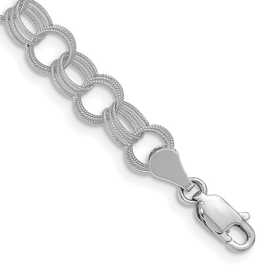 14K White Gold 6mm Solid Textured Triple Link 8 Inch Charm Bracelet