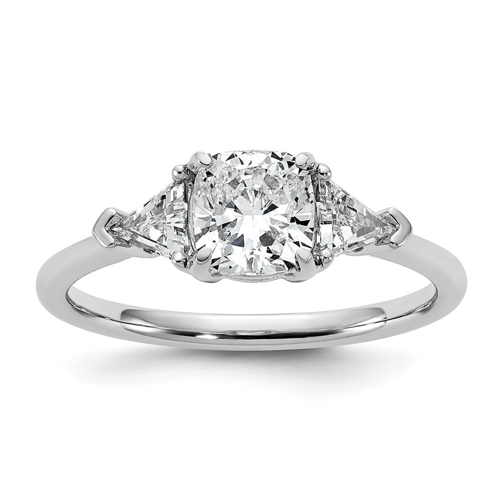 14K White Gold 1 1/2 carat Certified Lab Grown Diamond VS+ F+ Cushion and Triangle Complete Three Stone Engagement Ring