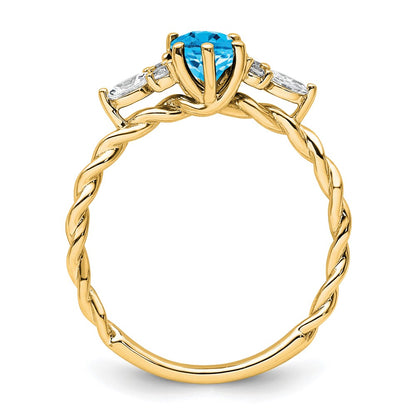 14K Yellow Gold Diamond and 7x5 Oval December/Blue Topaz Size 7 Twisted Ring