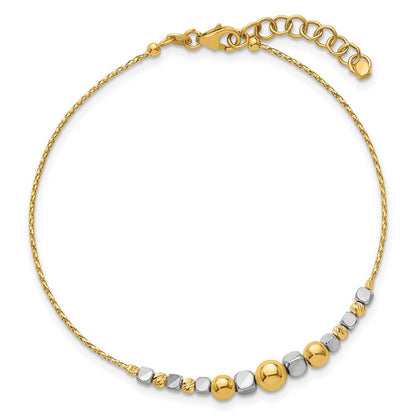 14K Two-Tone Gold Polished Diamond-cut Round and Square Beaded 7 Inch Bracelet with 1 Inch Extension