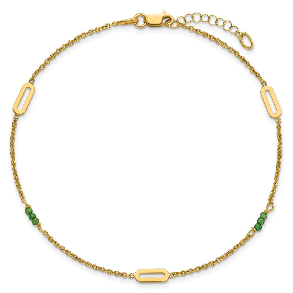 14K Yellow Gold Polished Green Zircon Beads and Ovals 9 Inch Plus 1 Inch Extender - Total 10 Inch Anklet