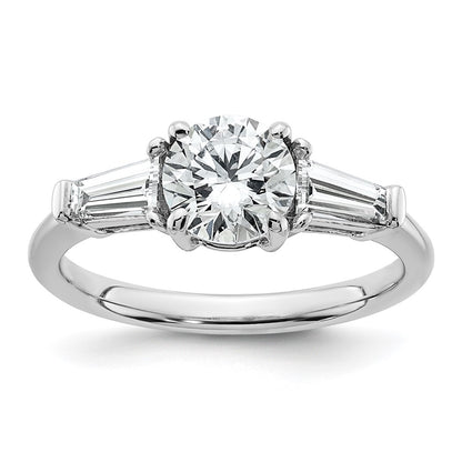 14K White Gold 1 1/2 carat Lab Grown Diamond VS+ F+ Round and Tapered Baguette Complete Three Stone Engagement Ring
