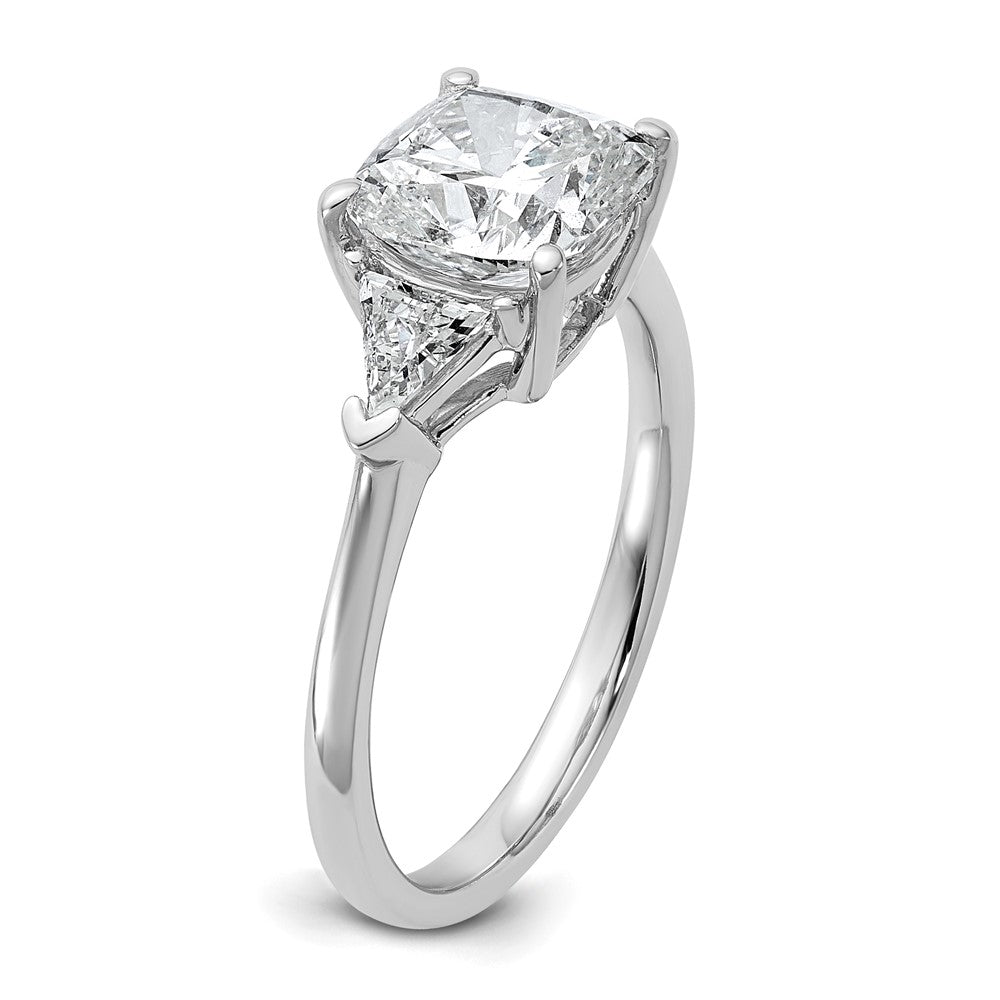 14K White Gold 1/2 carat Lab Grown Diamond VS+ F+ Triangle 2 carat Cushion Center Semi Mount Three Stone Engagement Ring