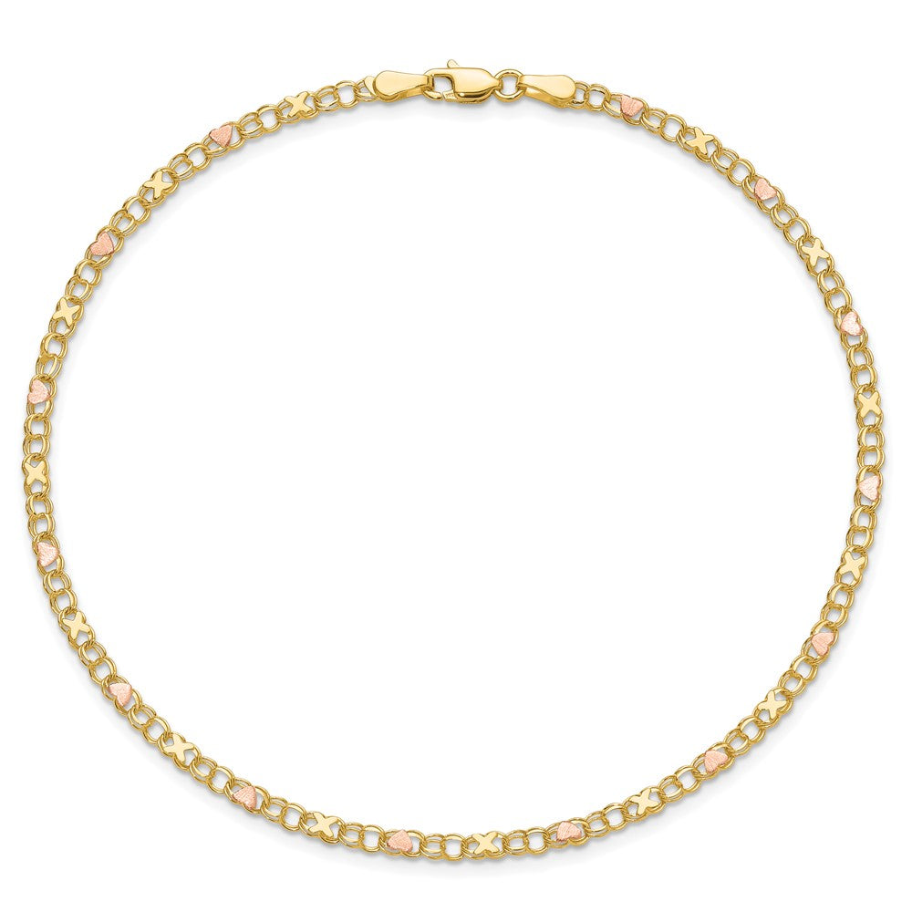 14K Two-Tone Gold Polished and Satin -plated X-and-Heart 9 Inch Anklet