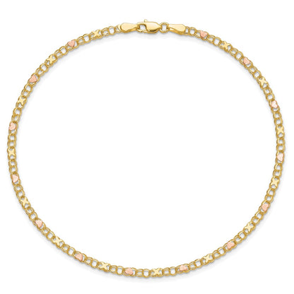 14K Two-Tone Gold Polished and Satin -plated X-and-Heart 9 Inch Anklet