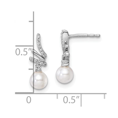 14K White Gold Polished 1/10 carat Diamond and White Freshwater Cultured Pearl Drop Post Earrings